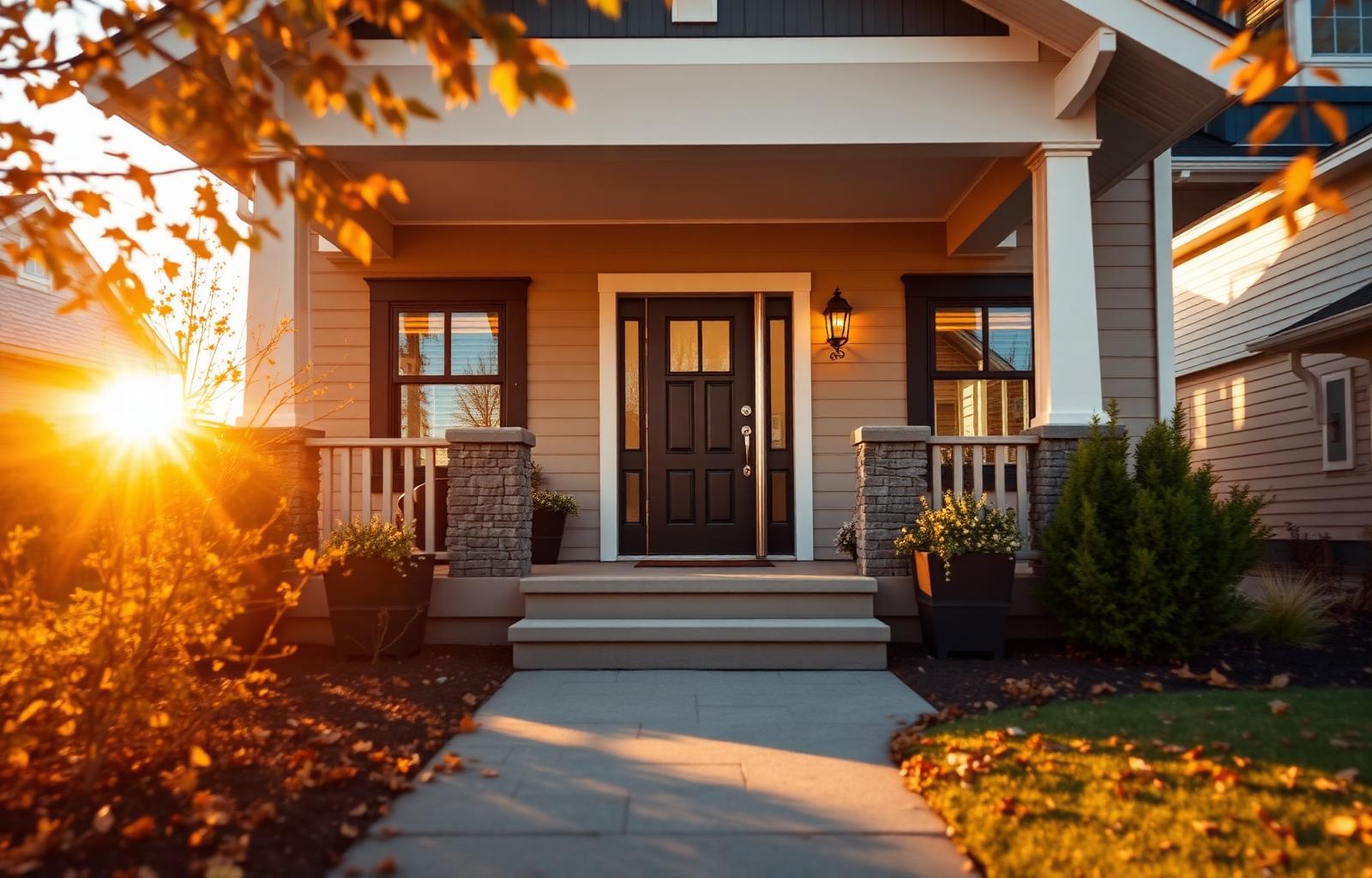 Warm Canadian craftsman home at golden hour